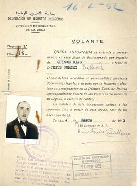 Volante en favor de Jesús Guridi para su entrada y permanencia en el Protectorado Español de Marruecos.
