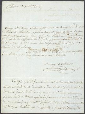 Carta de Domingo de Aldasoro dirigida a Joaquín de Yrízar Moya.