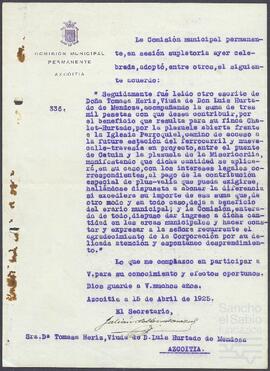 Oficio de la Comisión Municipal Permanente de Azcoitia dirigido a Tomasa Hériz.