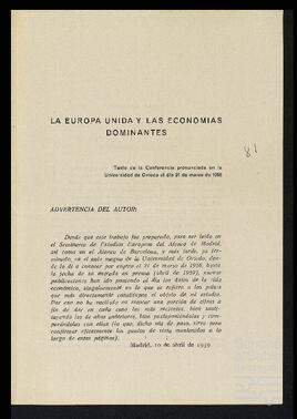 Artículo de José Miguel de Azaola Urigüen titulado 'La Europa Unida y las economías dominantes'.