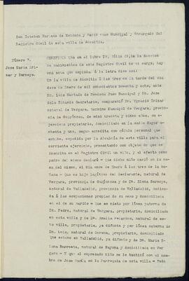 Inscripción en el registro del nacimiento de José María de Yrízar Barnoya.