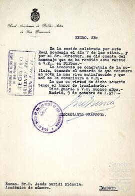 Comunicación de la Real Academia de Bellas Artes de San Fernando dirigida a Jesús Guridi.