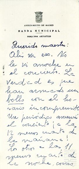 Carta del Director artístico de la Banda Municipal de Madrid dirigida a Jesús Guridi.