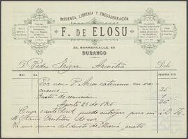 Factura de la Imprenta, librería y encuadernación F. De Elosu para Pedro de Yrízar.