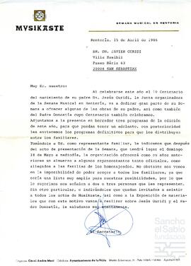 Carta de Musikaste dirigida a Javier Guridi.