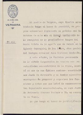 Nombramiento a Ignacio de Yrízar Palacios para el cargo de vocal de la junta del tercer centenario de la recepción de la imagen del Santo Cristo de la agonía que se venera en la Iglesia parroquial de San Pedro de Vergara.