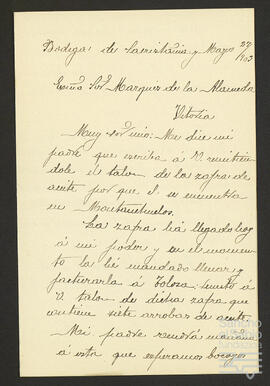 Cartas de los arrendadores de la Bodega La Sacristanía a José María de Zavala Ortés de Velasco.