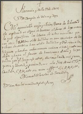 Carta de Manuel Silvestre de Mendiola dirigida a Joaquín de Yrízar.