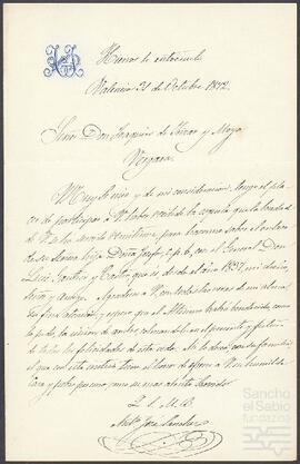 Carta de Antonio José Sánchez dirigida a Joaquín de Yrízar.
