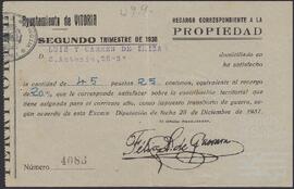 Recibos del pago de contribuciones por parte de Luis de Yrízar Barnoya y su mujer Carmen.