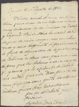 Carta de Agustín José Aranoeta dirigida a Joaquín de Yrízar.