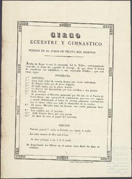 Anuncio de una función de circo ecuestre y gimnástico en Vergara.