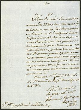 Oficio de Antonio Rodríguez Zapata dirigido a José Manuel de Yrízar.