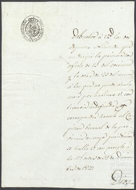 Oficio de la Dirección General del Real Cuerpo de Artillería dirigido a Joaquín de Yrízar.