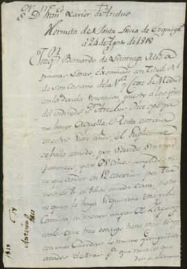 Carta de Joaquín Bernardo de Lizarraga dirigida a Francisco Javier de Arcelus.