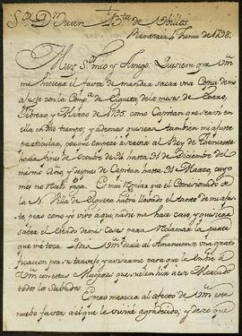 Carta de Pedro Ignacio de Olaneta dirigida a Juan Bautista de Ubillos.