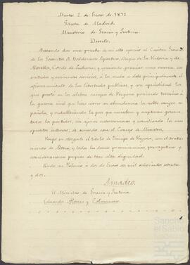 Real Decreto por el cual se otorgaba a Baldomero Espatero en título de Príncipe de Vergara.