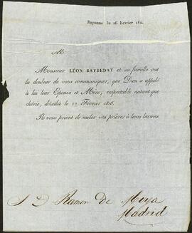 Esquela de la muerte de la mujer de León Batbedat comunicada a Ramón de Moya.