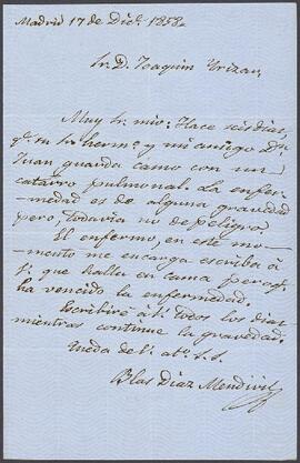 Carta de Blas Díaz Mendívil dirigida a Joaquín de Yrízar.