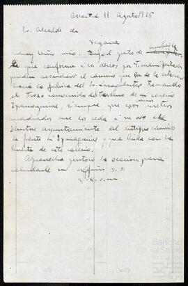 Carta de Ignacio de Yrizar Palacios dirigida al Ayuntamiento de Vergara.