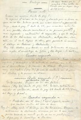 Anotaciones manuscritas sobre los cambios a hacer en una obra lírica.
