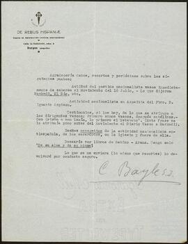 Carta de Costantino Bayle dirigida a un destinatario desconocido.