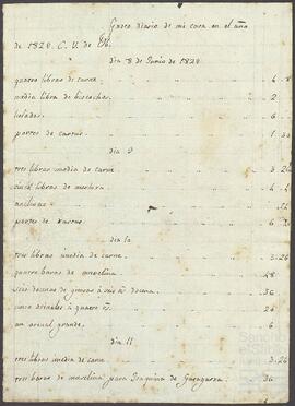 Cuenta de los gastos diarios de la casa de Joaquín de Yrízar de junio de 1829.