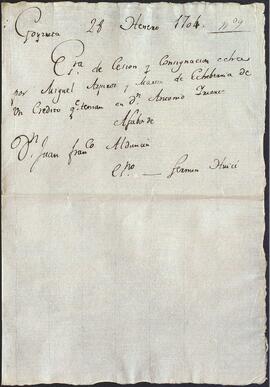 Cesión del crédito de 90 ducados y 4 reales otorgada por Miguel de Azpiroz y Martín de Echeberría en favor de Juan Francisco de Alduncín.