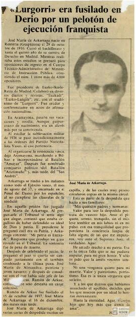 Artículo titulado "Lurgorri era fusilado en Derio por un pelotón de ejecución franquista".