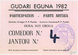 Tarjeta de participación en la comida homenaje a "Lurgorri".