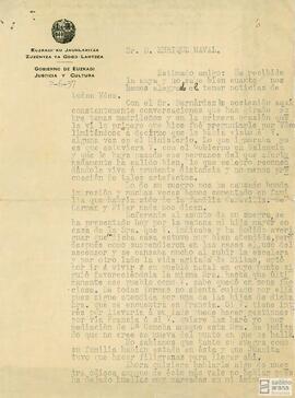 Carta de José María Azcárraga Urmeneta dirigida a Enrique Naval.
