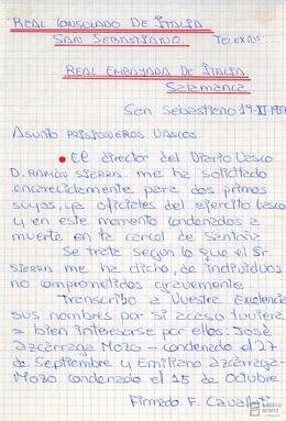 Comunicaciones de la Real Embajada de Italia sobre los prisioneros Emiliano y José María Azcárraga.